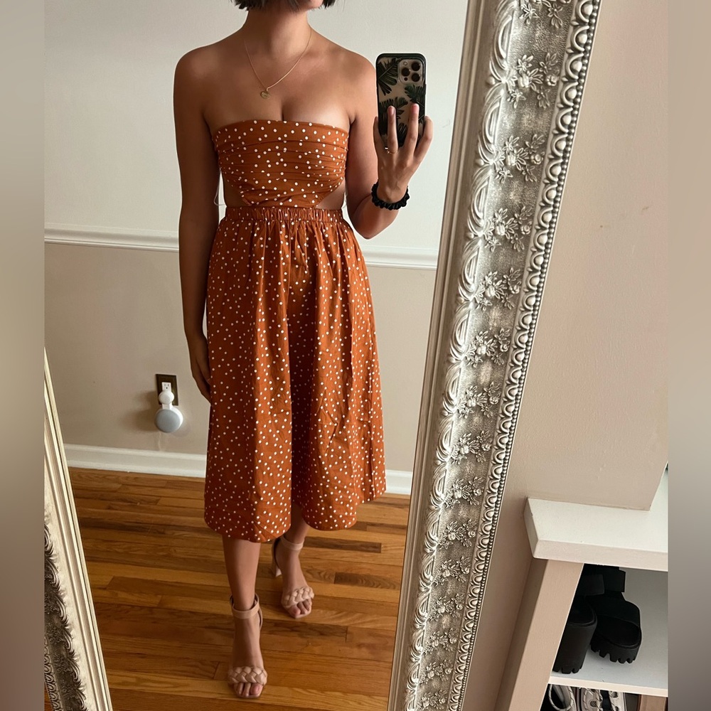 Orange polka dot midi dress- open back